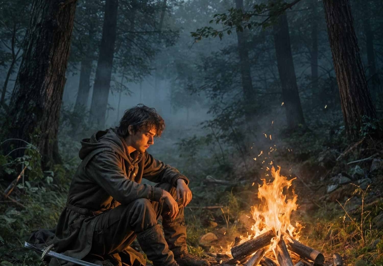 Traveller by a campfire