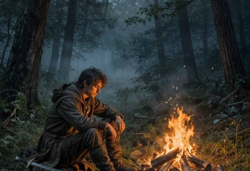 Traveller by a campfire